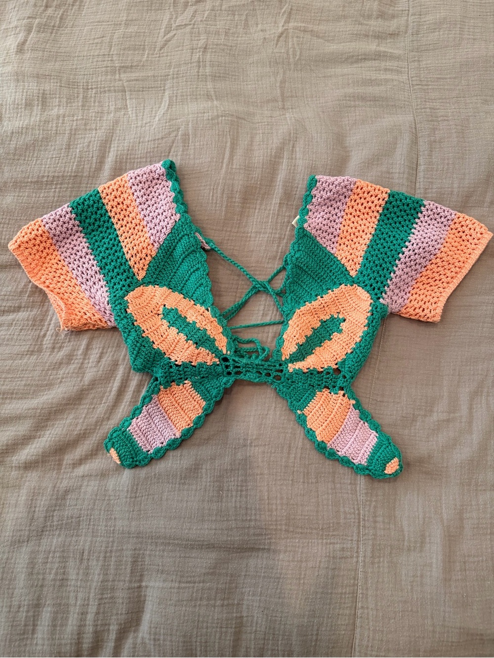 Handmade Crochet Butterfly Crop Top in Green, Peach & Lavender